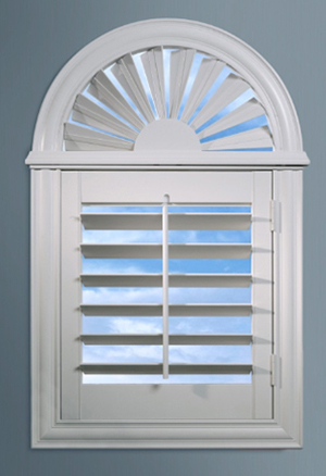 Sunburst Arch Polywood shutter on a blue wall