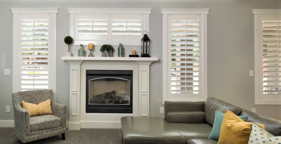 Plantation shutters in a family room