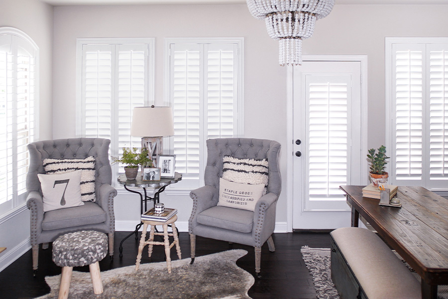 French door with white polywood shutters